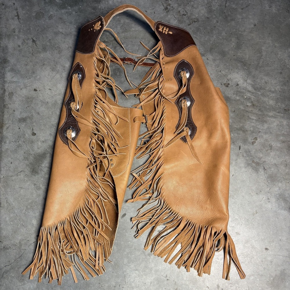 Vintage 90's B Bar B Leather Western Chinks Chaps Brown Fringe Work Riding TR 25